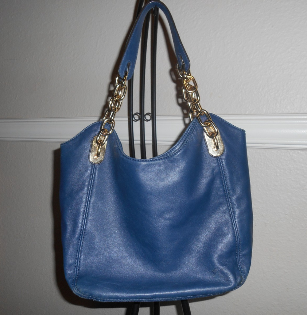 Michael Kors Fulton Large Navy Blue Pebbled Leather Hobo Shoulder Bag Gold